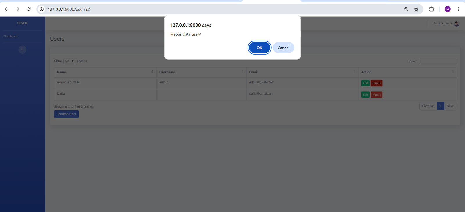 Konfirmasi menghapus user